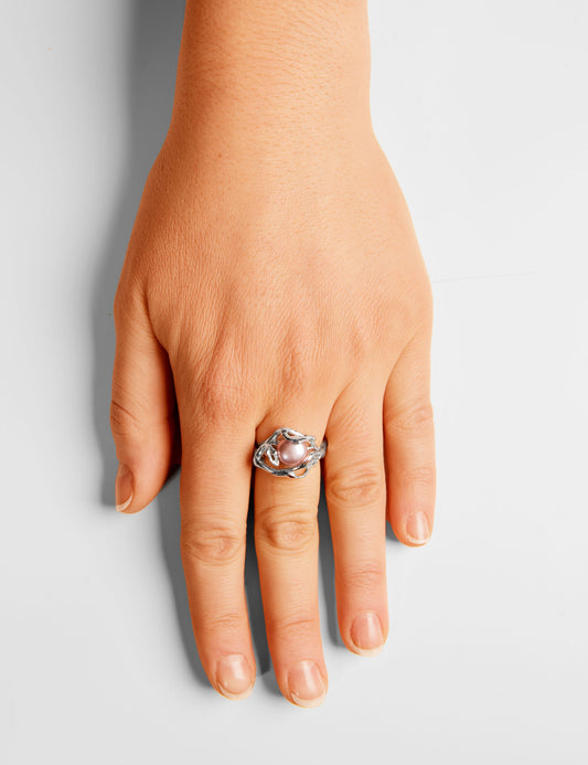 Bague Corail Arabesque avec Perle Rosée