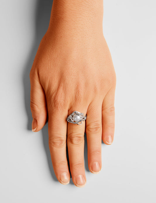 Bague Corail Arabesque avec Perle Blanche