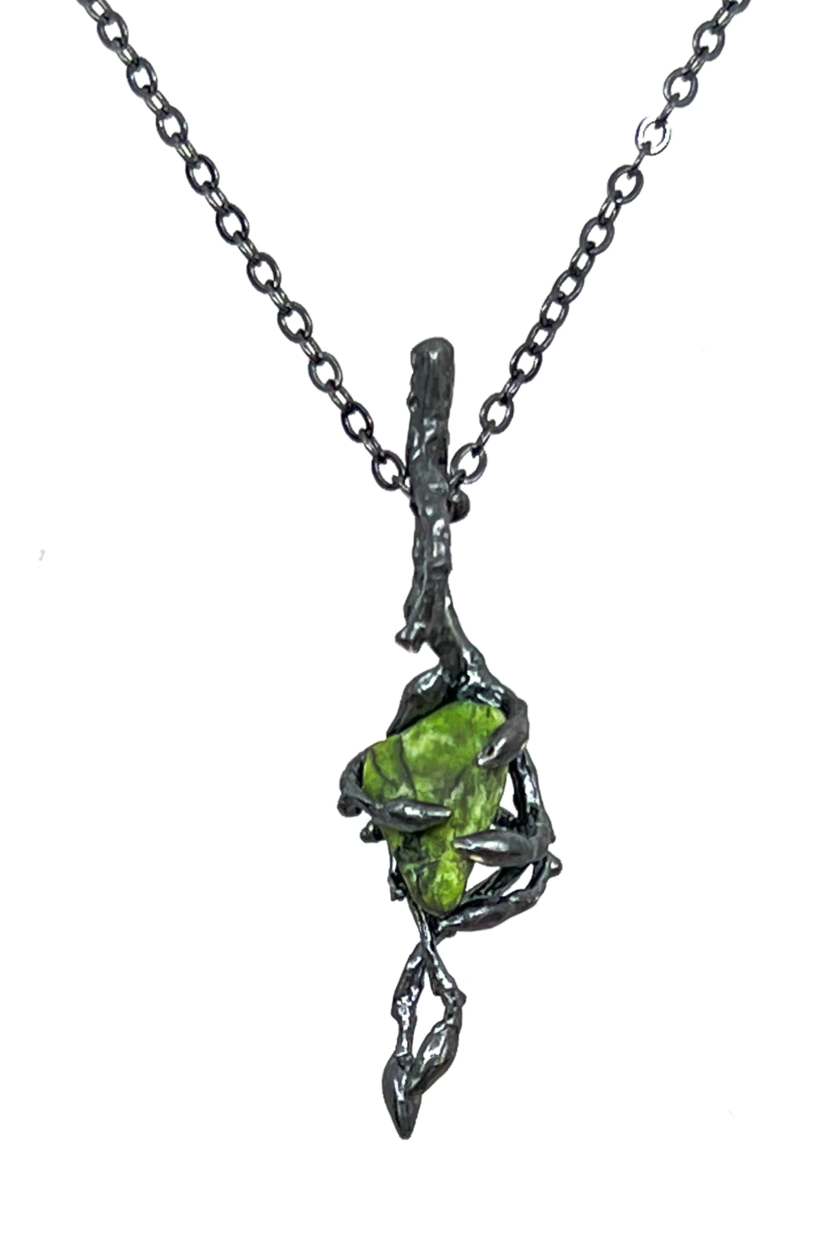 Collier ballerine Noisetier argent sterling 925 Oxydé Gaspéite brute avec chaine en laiton couleur nickel noir